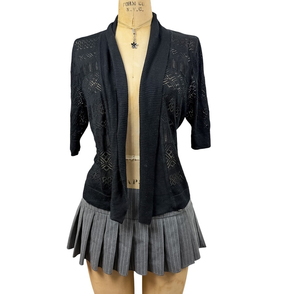 Y2K Black Pointelle Knit Cardigan Short Sleeve Open Front Draped Shawl Grunge